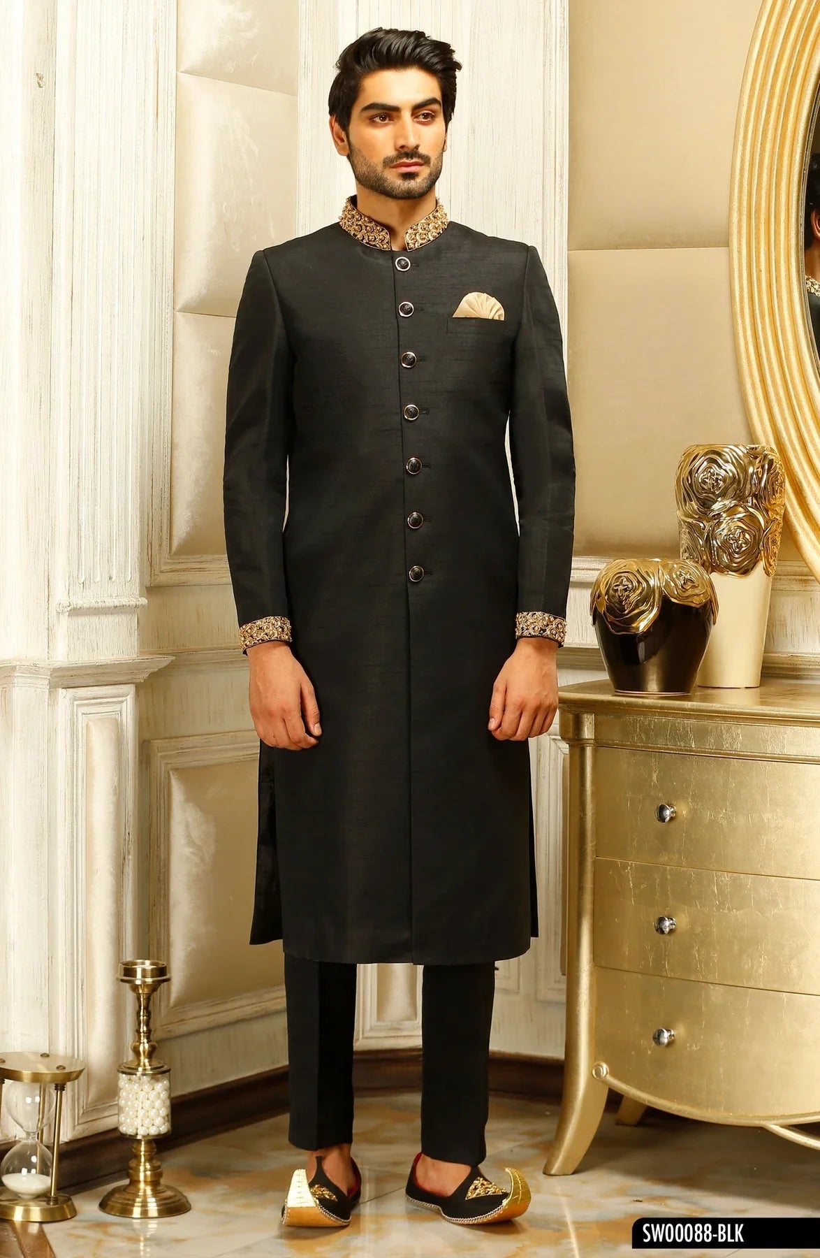 Royal Black Sherwani for Men with Intricate Collar & Sleeve Embroidery – Wedding Collection