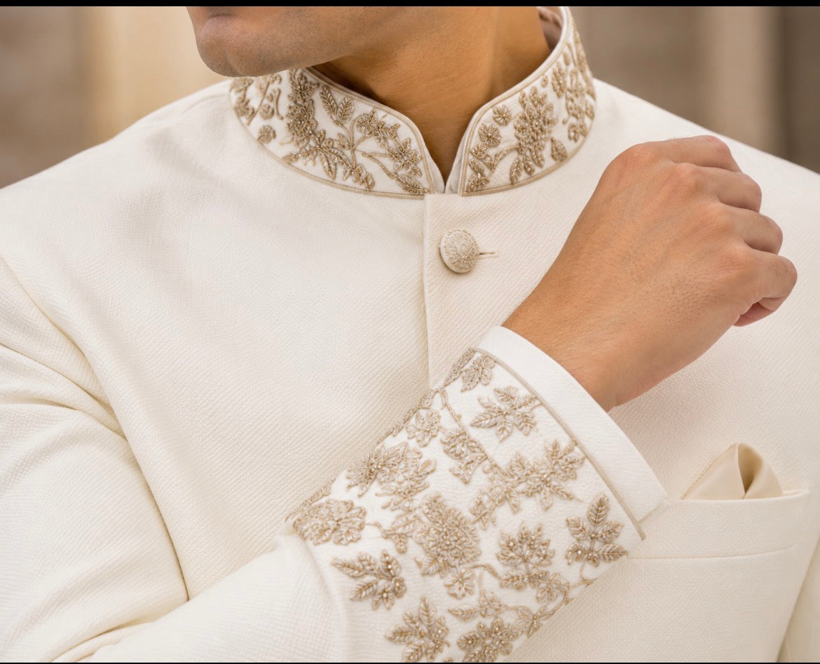 Premium White Embroidered Bandhgala Suit for Men | Luxury Wedding & Reception Indo Western | Designer Ethnic Wear