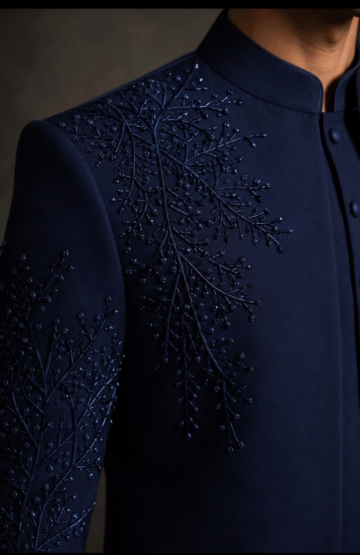 Midnight Navy Embroidered Indo Western Set for Men