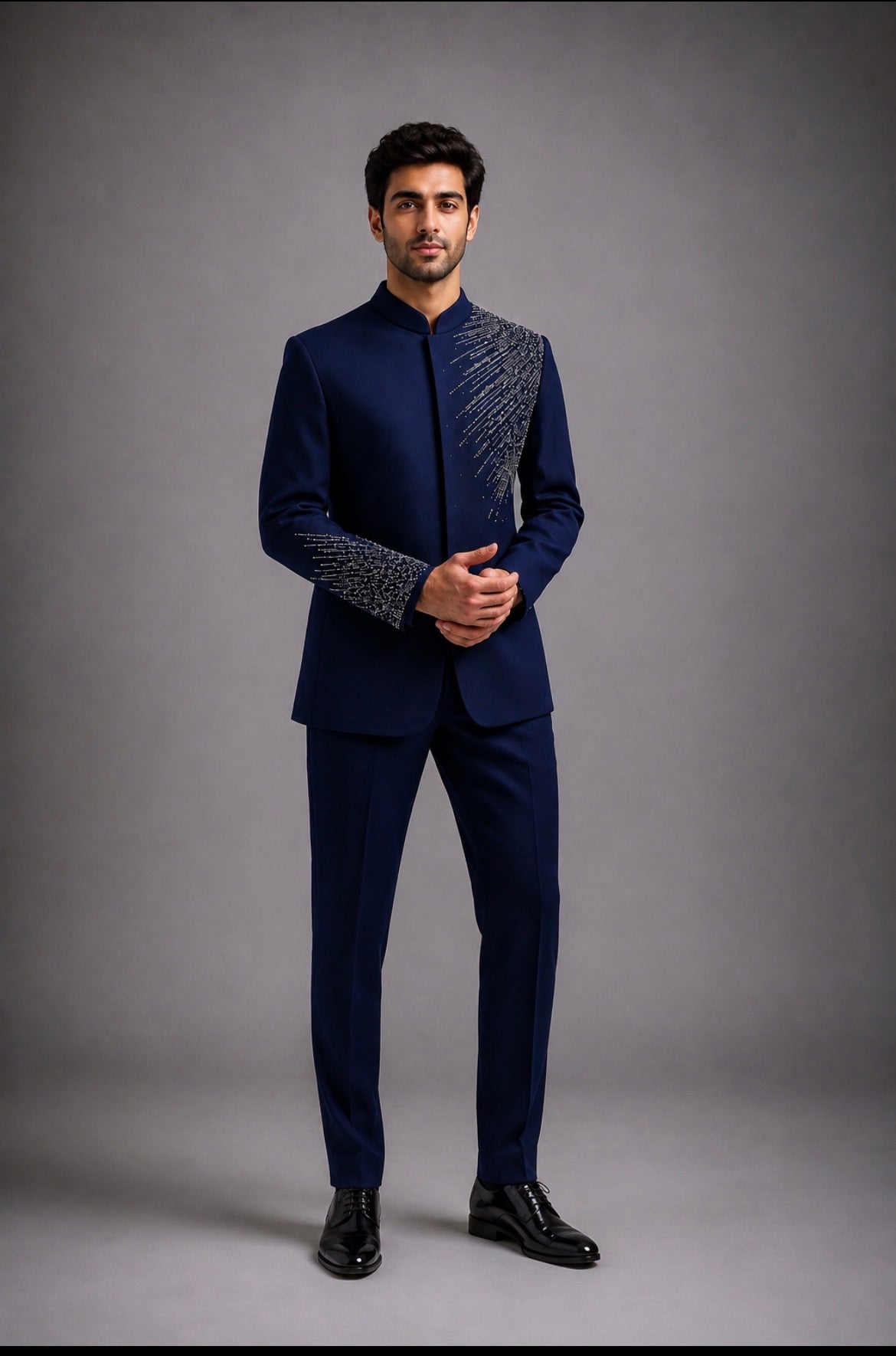 Navy Blue Embroidered Bandhgala Suit for Men | Designer Wedding & Party Wear