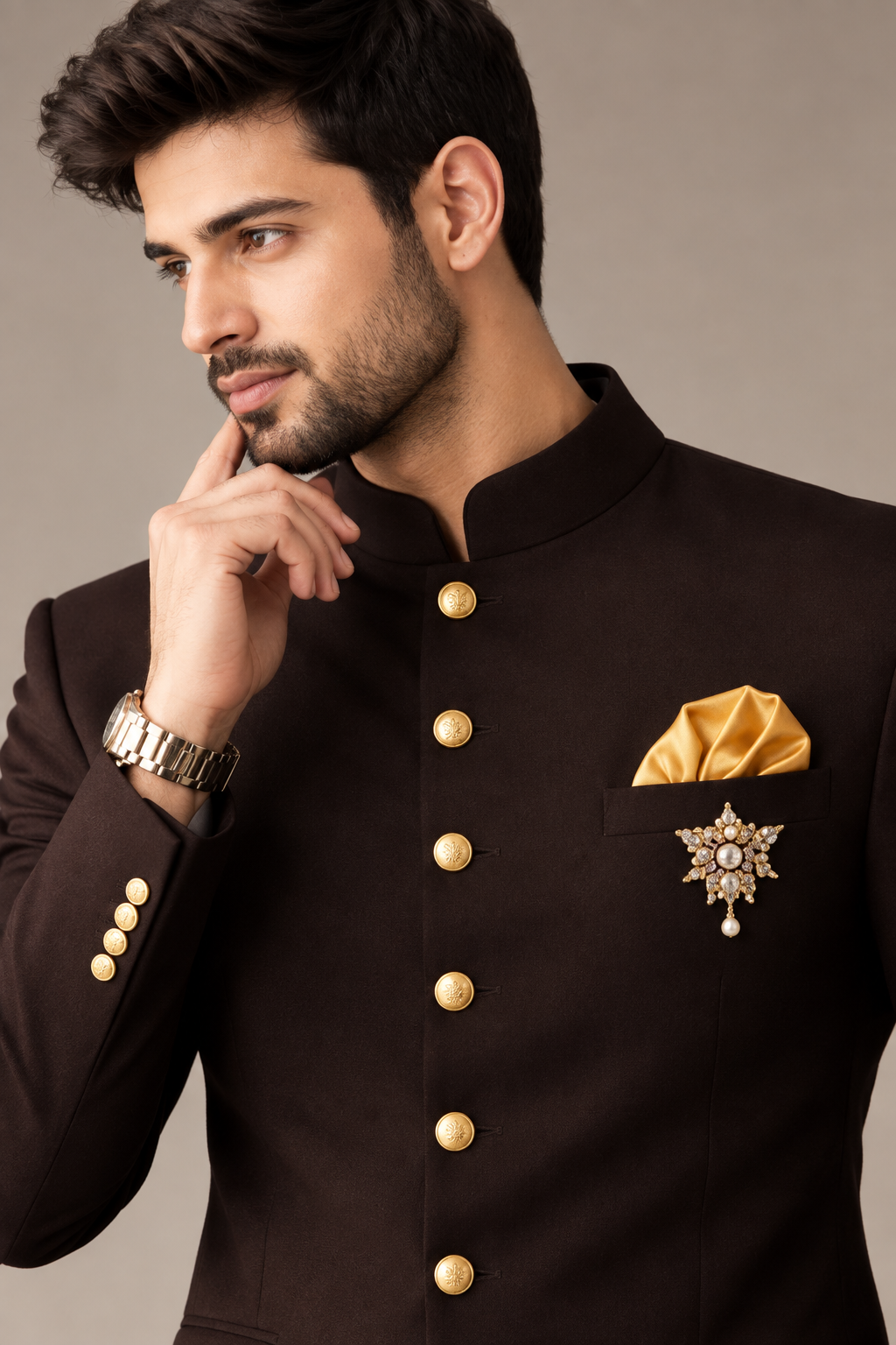 Brown Bandhgala Suit for Men | Premium Brown Jodhpuri Suit with Gold Buttons