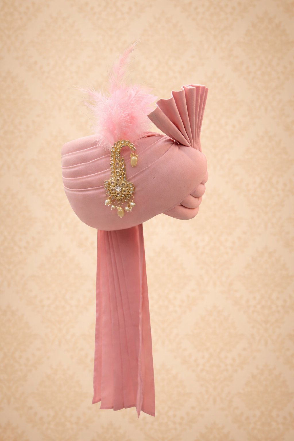 Blush Pink Premium Wedding Safa for Groom | Designer Pagdi with Feather & Brooch | Royal Baraat Turban by Ihtifal