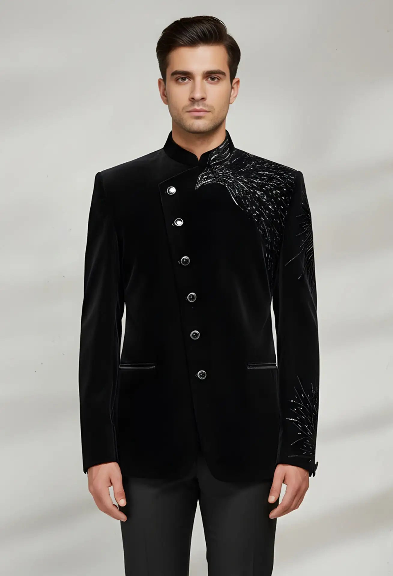 Royal Black Velvet Bandhgala with Silver Eagle Embroidery – Premium Groom & Wedding Bandhgala