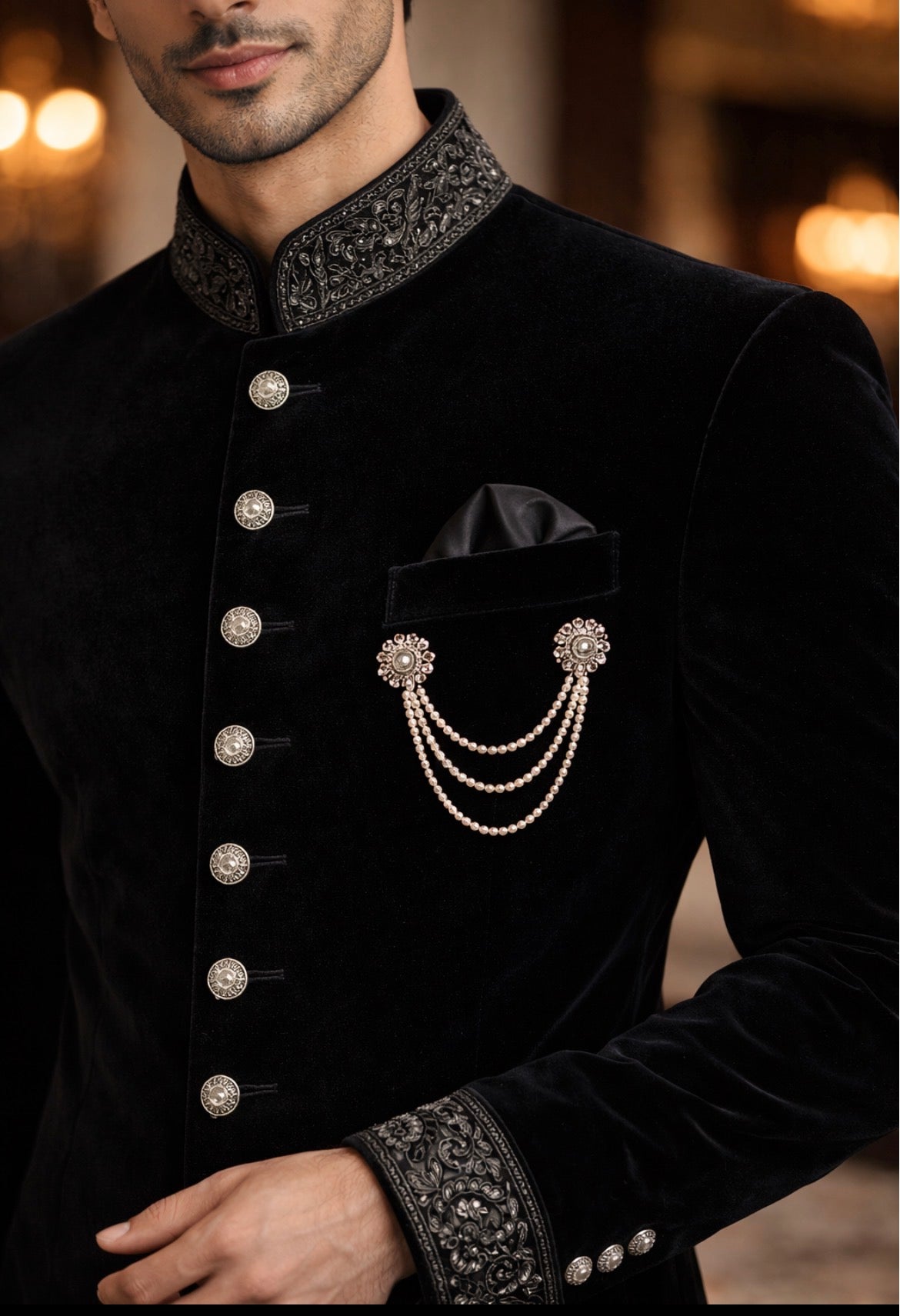 Royal Black Embroidered Sherwani for Men | Premium Velvet Wedding & Reception Wear