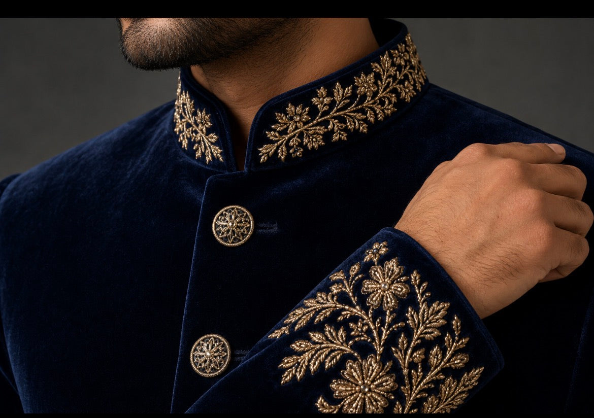 Royal Navy Blue Velvet Bandhgala for Men with Hand Embroidered Collar & Cuff Detailing | Premium Wedding & Reception Wear