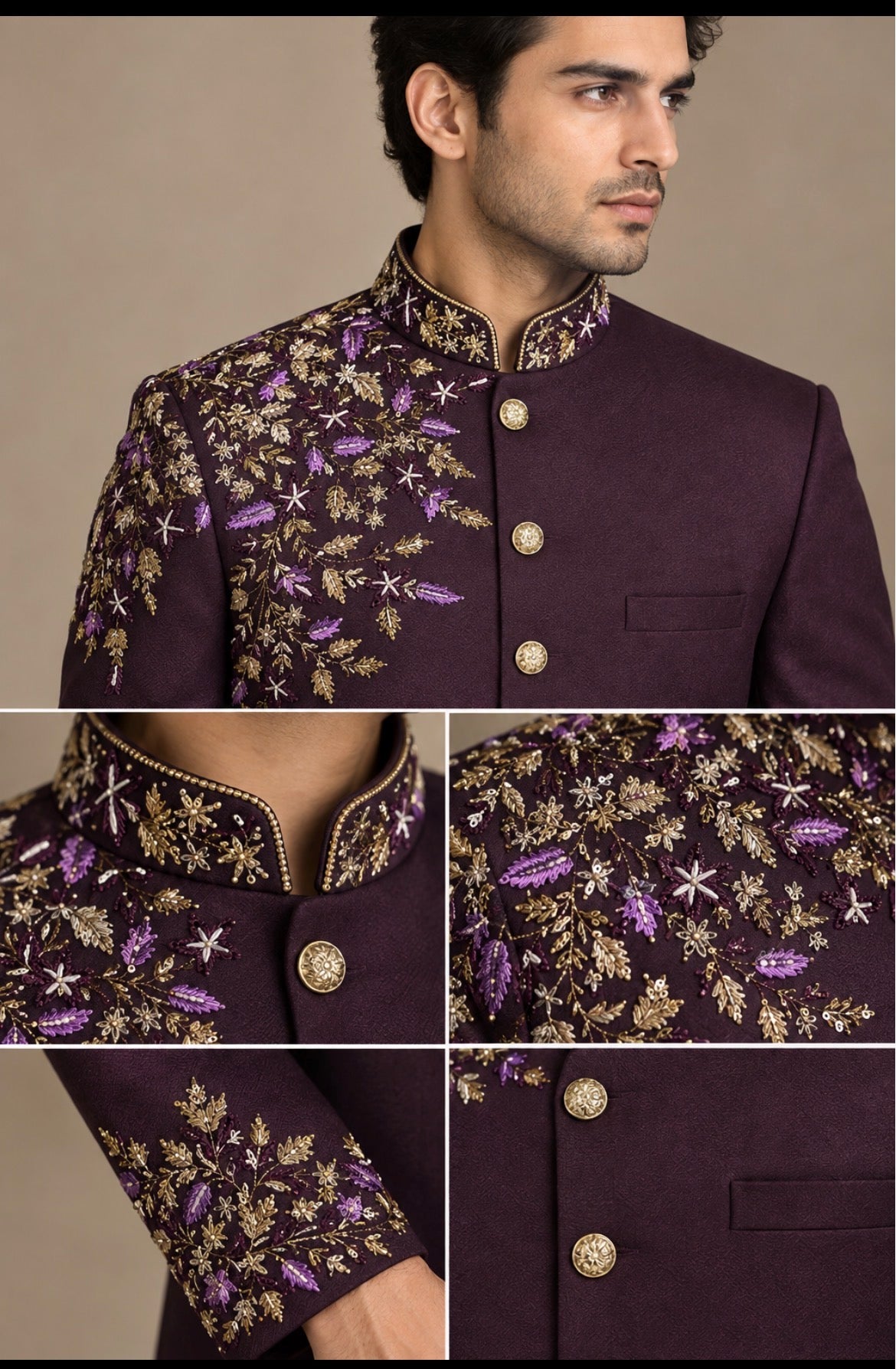 Men’s Wine Embroidered Bandhgala | Luxury Plum Wedding & Festive Jacket