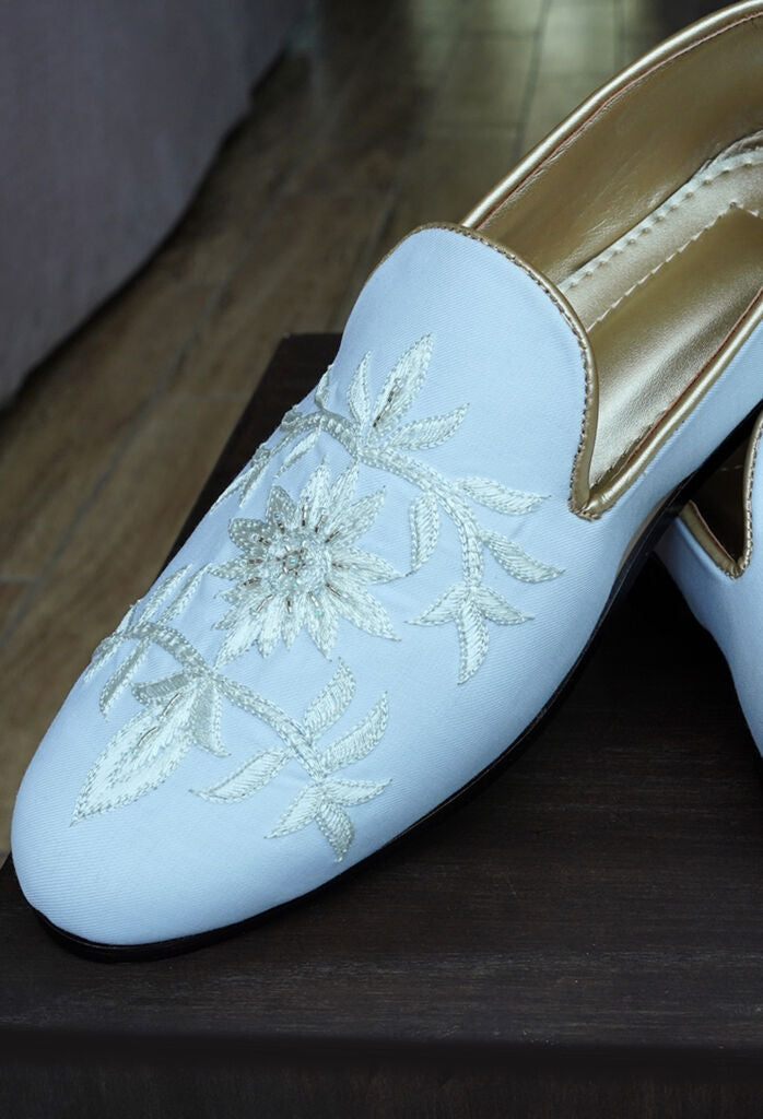 Baby Blue Loafers with Hand Embroidery