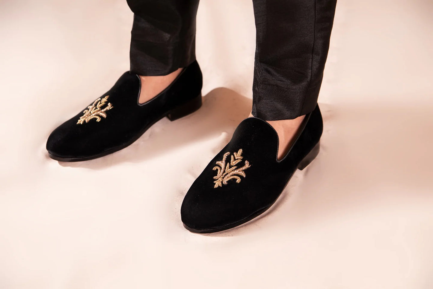 Black Loafers with Gold Embroidery | Regal Ethnic Footwear for Men