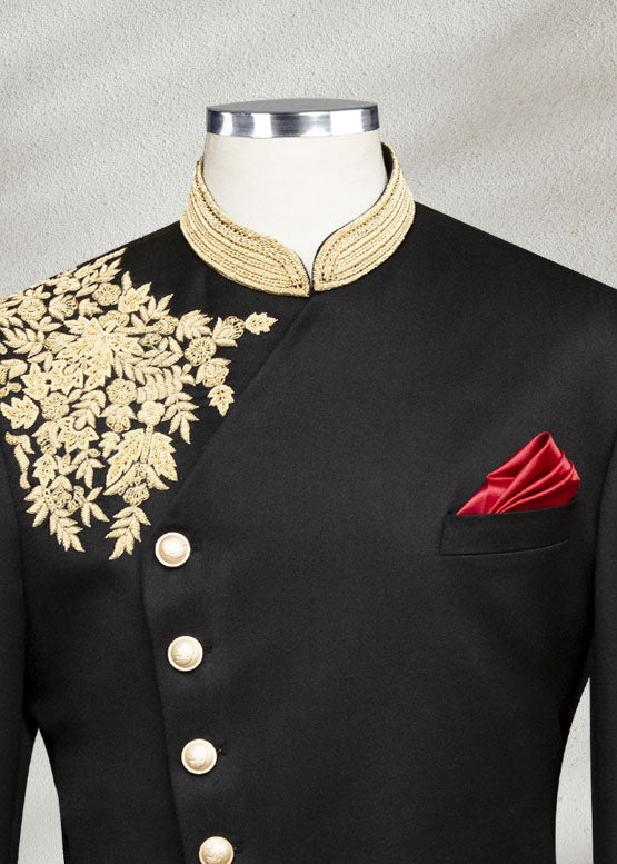 Black Angle Cut Sherwani with Floral Embroidery