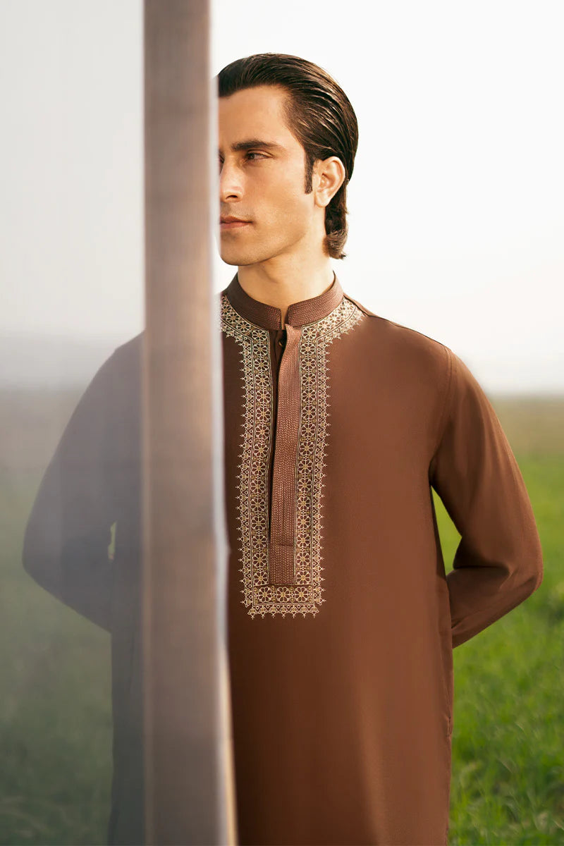 Brown Kurta with Collar Embroidered