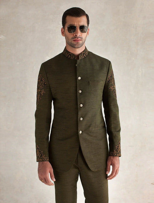 Olive Green Bandhgala with Embroidery