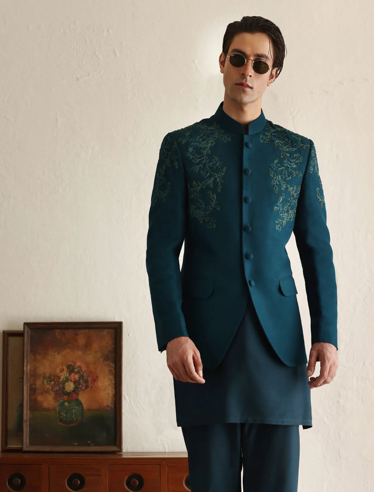 Teal Blue Embroidered Bandhgala