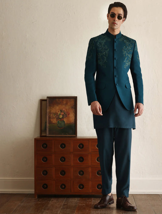 Teal Blue Embroidered Bandhgala