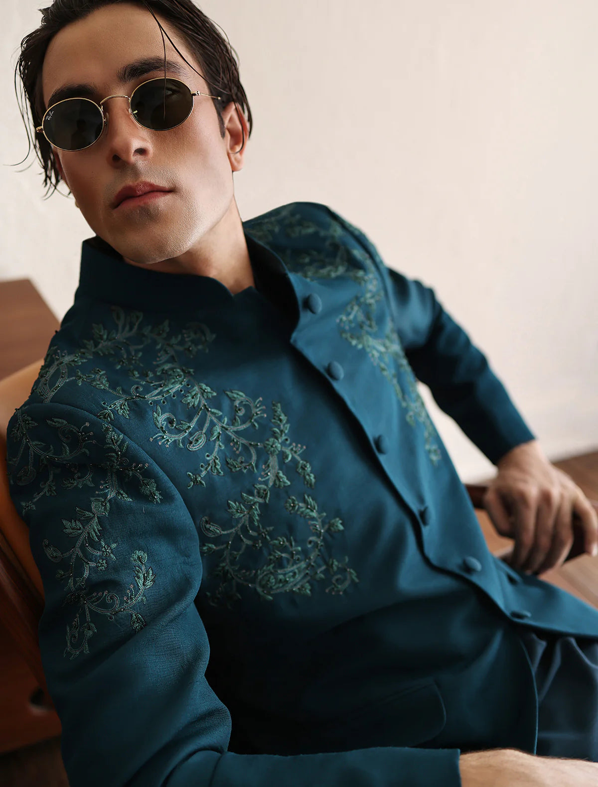 Teal Blue Embroidered Bandhgala