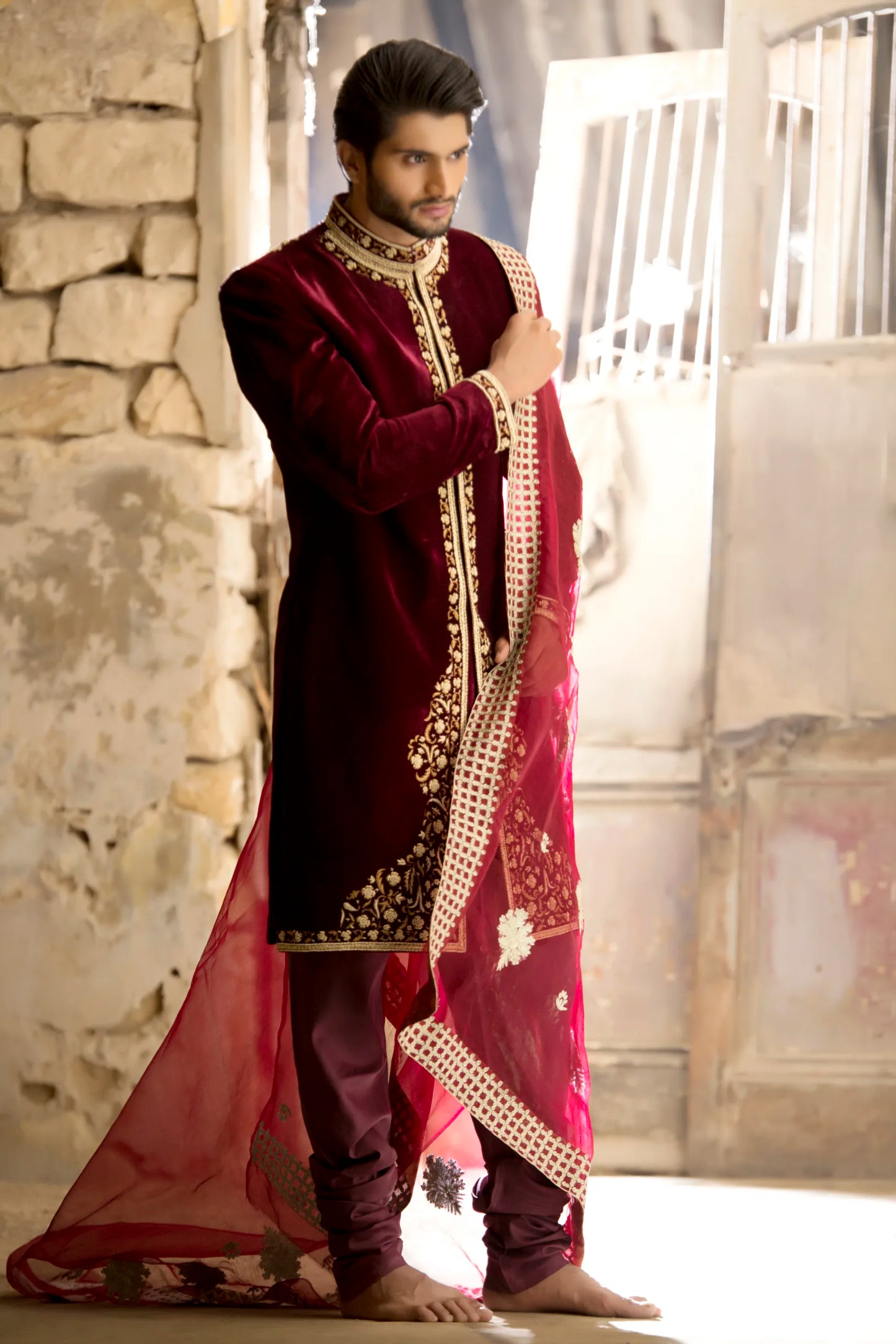 Deep Maroon Velvet Sherwani with Collar and Sleeve Embroidered