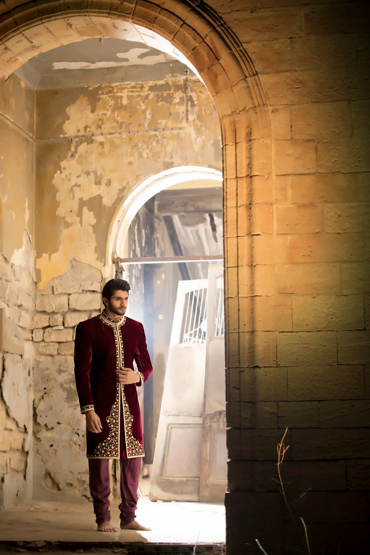 Deep Maroon Velvet Sherwani with Collar and Sleeve Embroidered