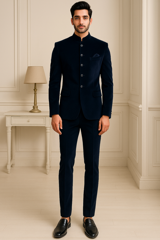 Navy Blue Velvet Bandhgala | Elegant Ethnic Jacket for Men