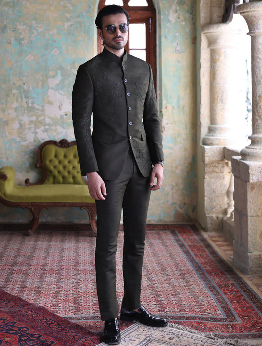 Olive Green Embroidered Bandhgala