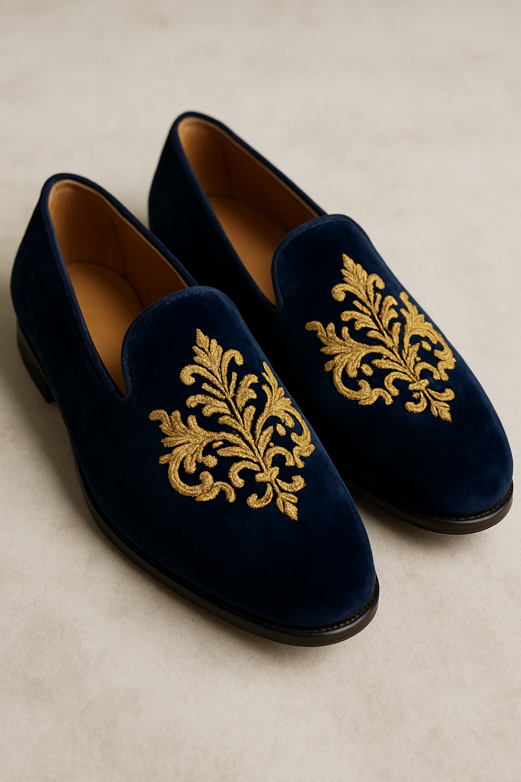 Navy Blue Velvet Loafers with Royal Hand Embroidery for Men – Ethnic Party Wear Juttis