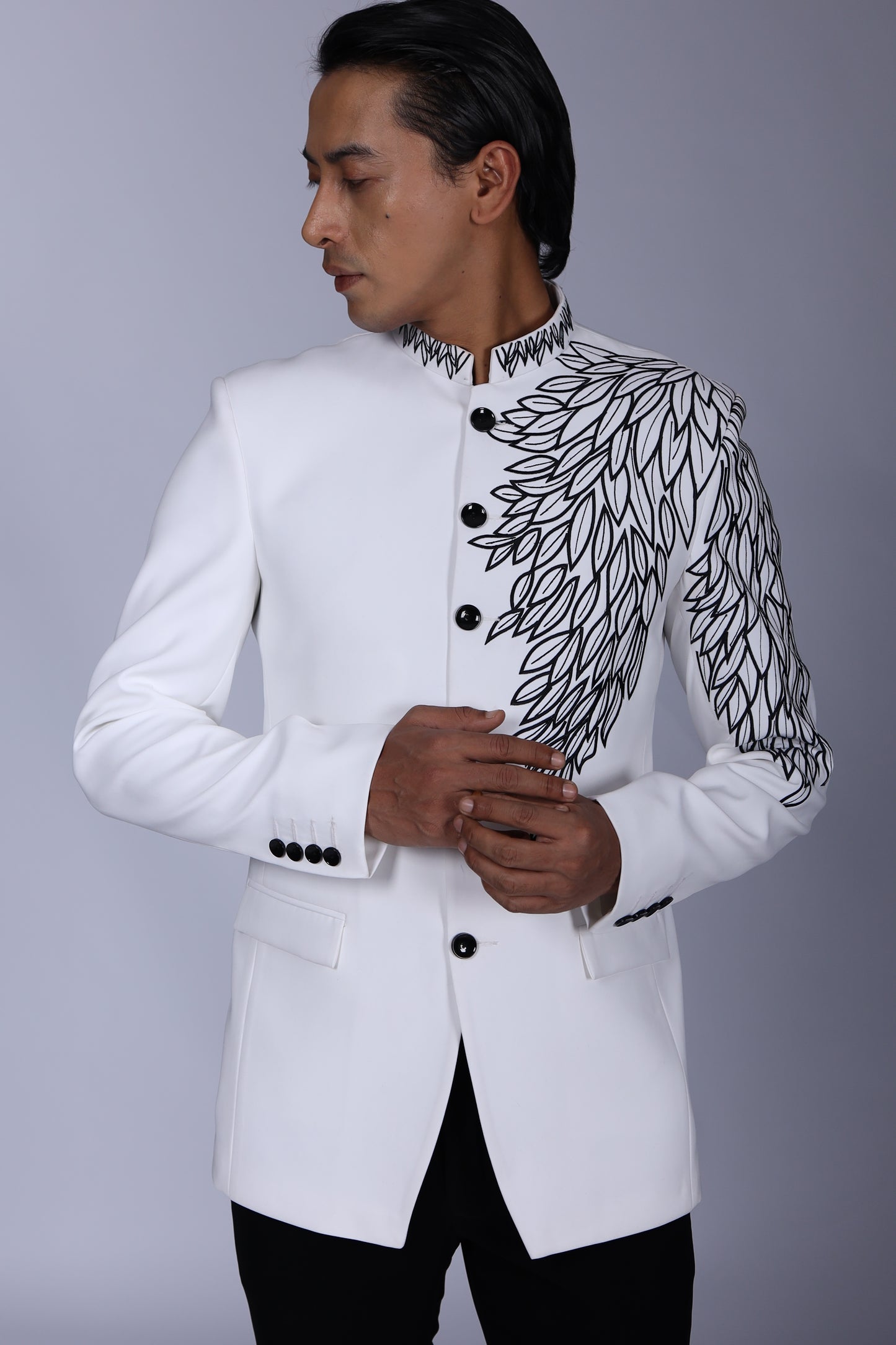 Classic White Bandhgala with Sleeve and Collar Embroidered