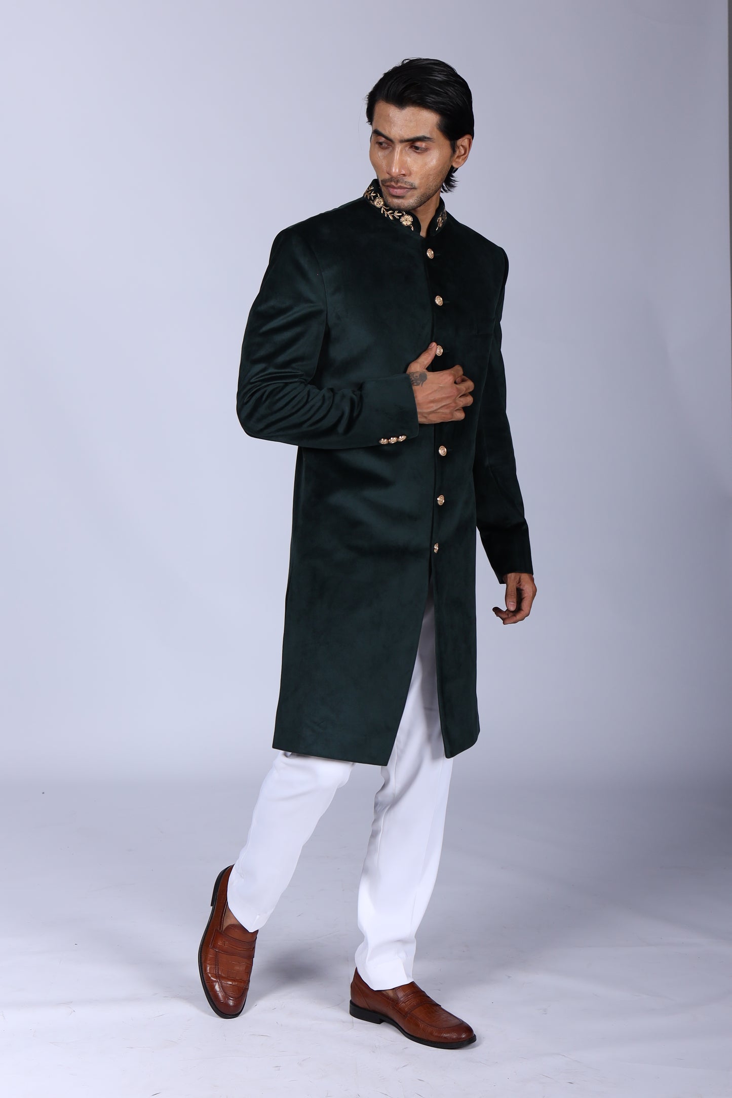 Classic Green Velvet Sherwani with Collar Embroidered