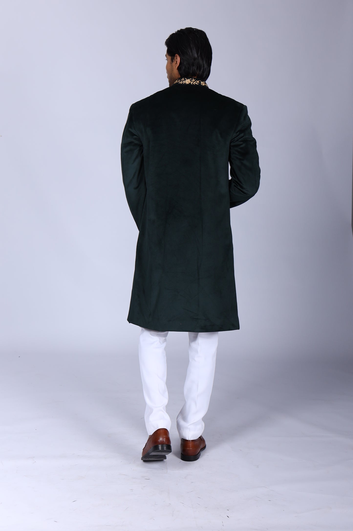 Classic Green Velvet Sherwani with Collar Embroidered