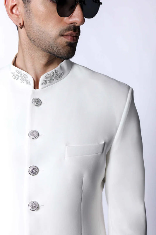 Classic Off White Bandhgala with Collar Embroidered