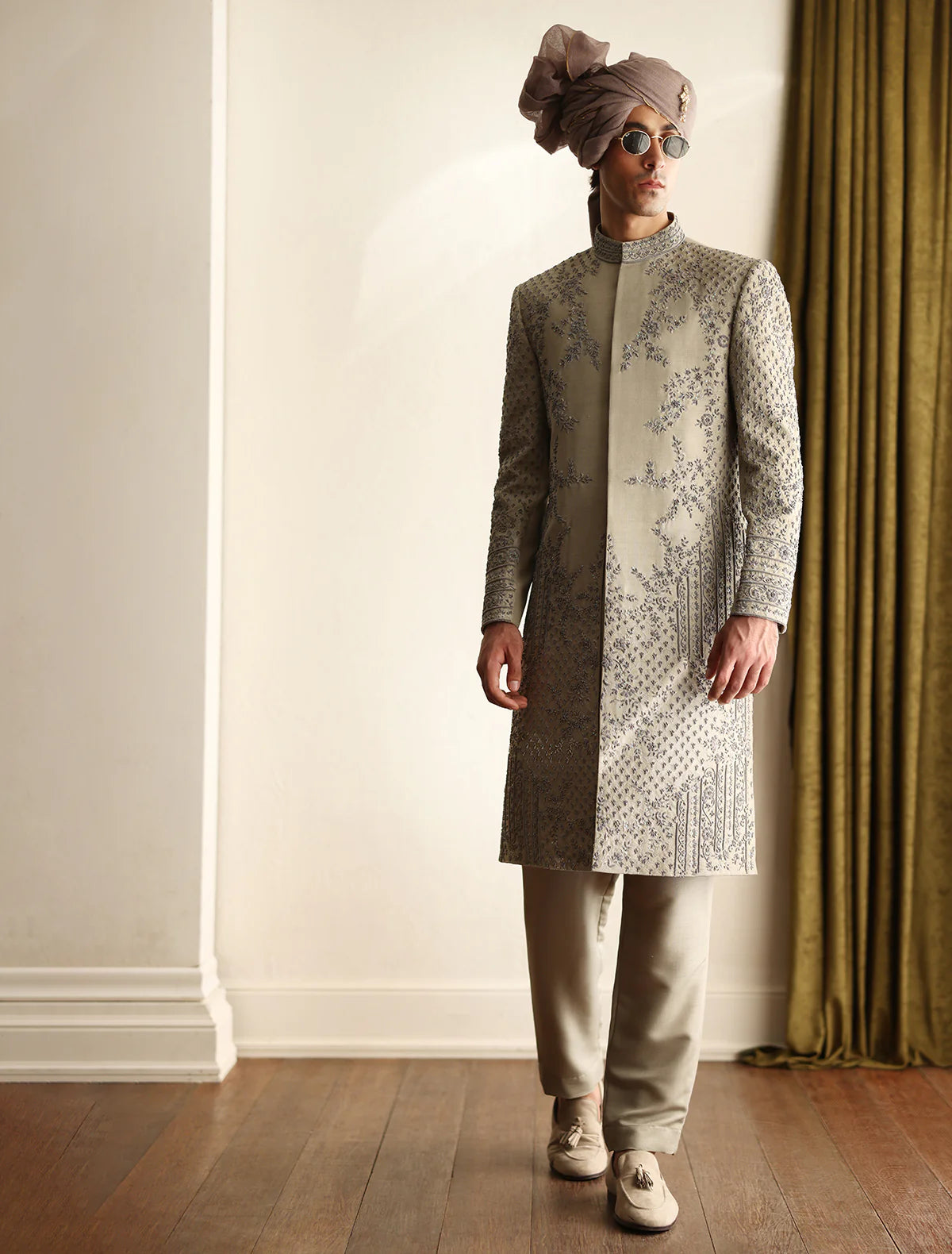 Light Olive Hand Embroidered Sherwani
