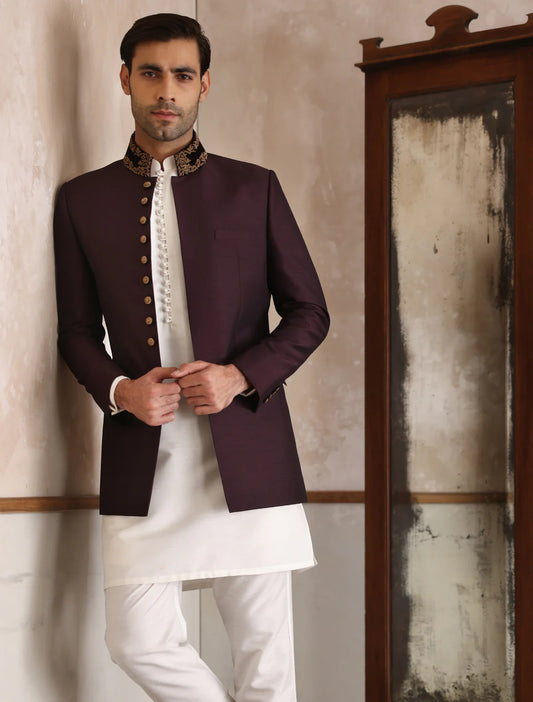 Maroon Bandhgala with Collar Embroidered