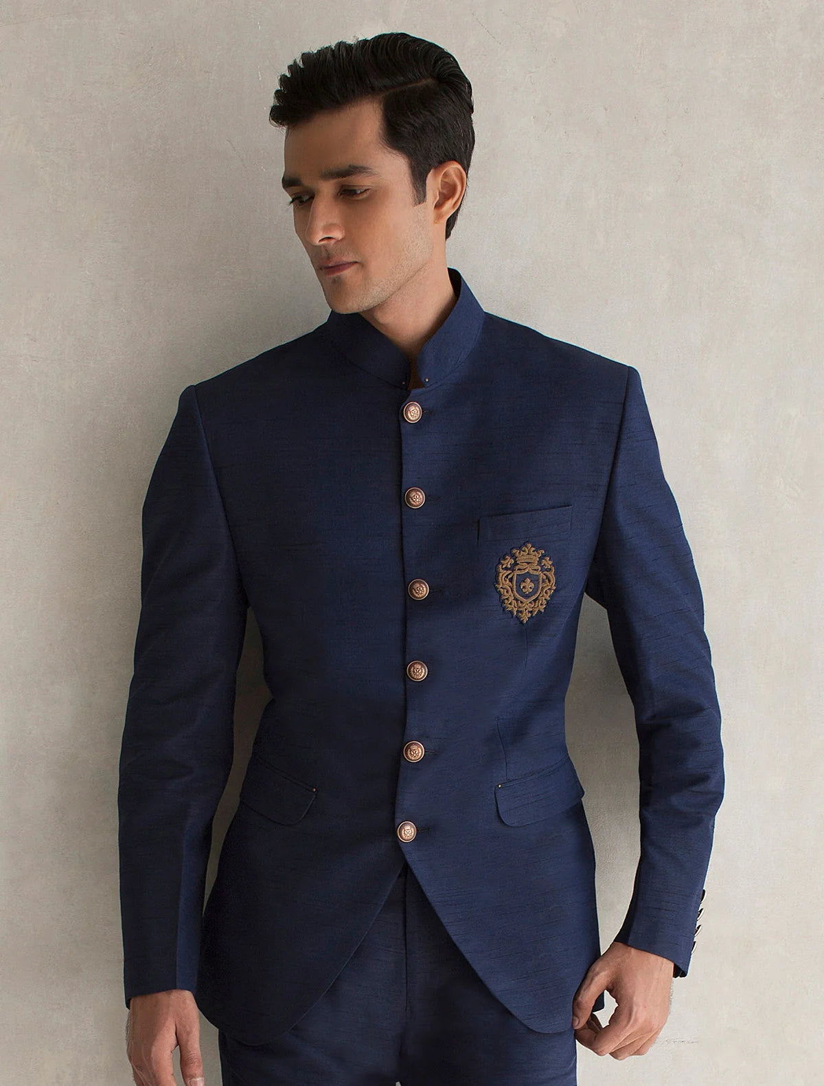 Navy Blue Raw Silk Bandhgala