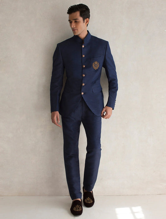 Navy Blue Raw Silk Bandhgala