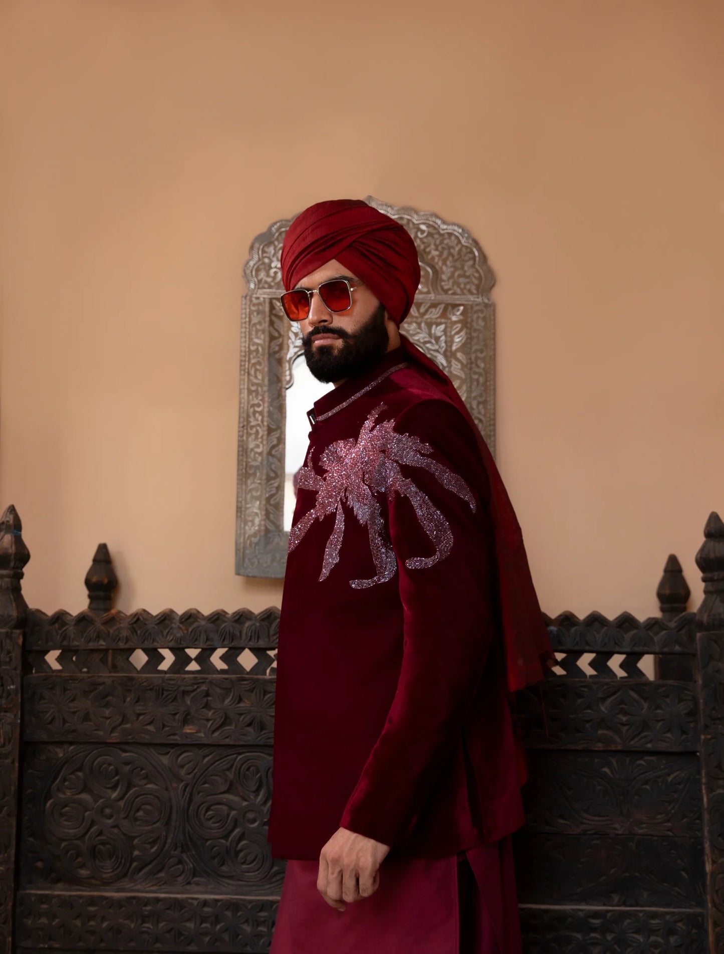 Luxury Red Velvet Open Bandhgala for Men | Handcrafted Cut Dana Embroidery | Wedding & Reception Designer Jacket