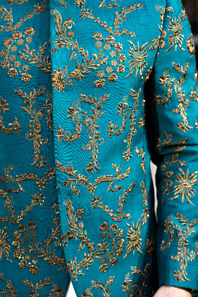 Teal Blue All Over Embroidered Bandhgala