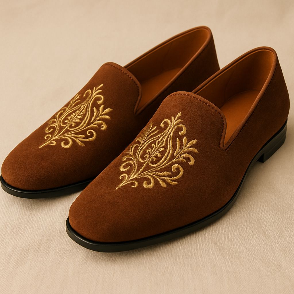 Brown Velvet Loafers with Hand Embroidery
