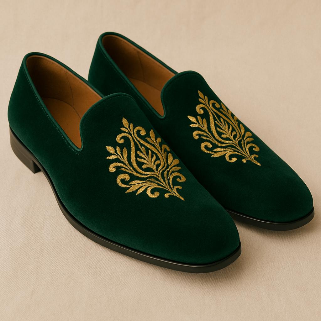 Green Velvet Loafers with Hand Embroidery
