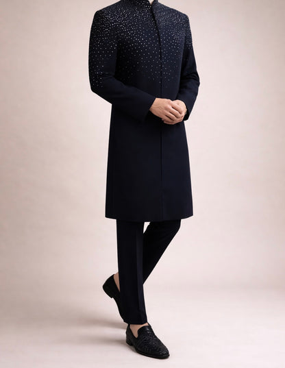 Navy Blue Crystal Embellished Designer Sherwani for Weddings & Reception