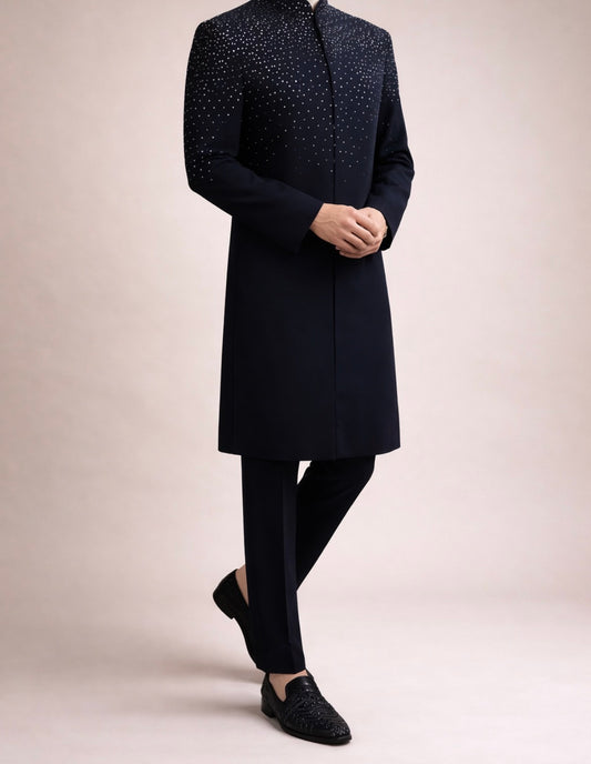 Navy Blue Crystal Embellished Designer Sherwani for Weddings & Reception