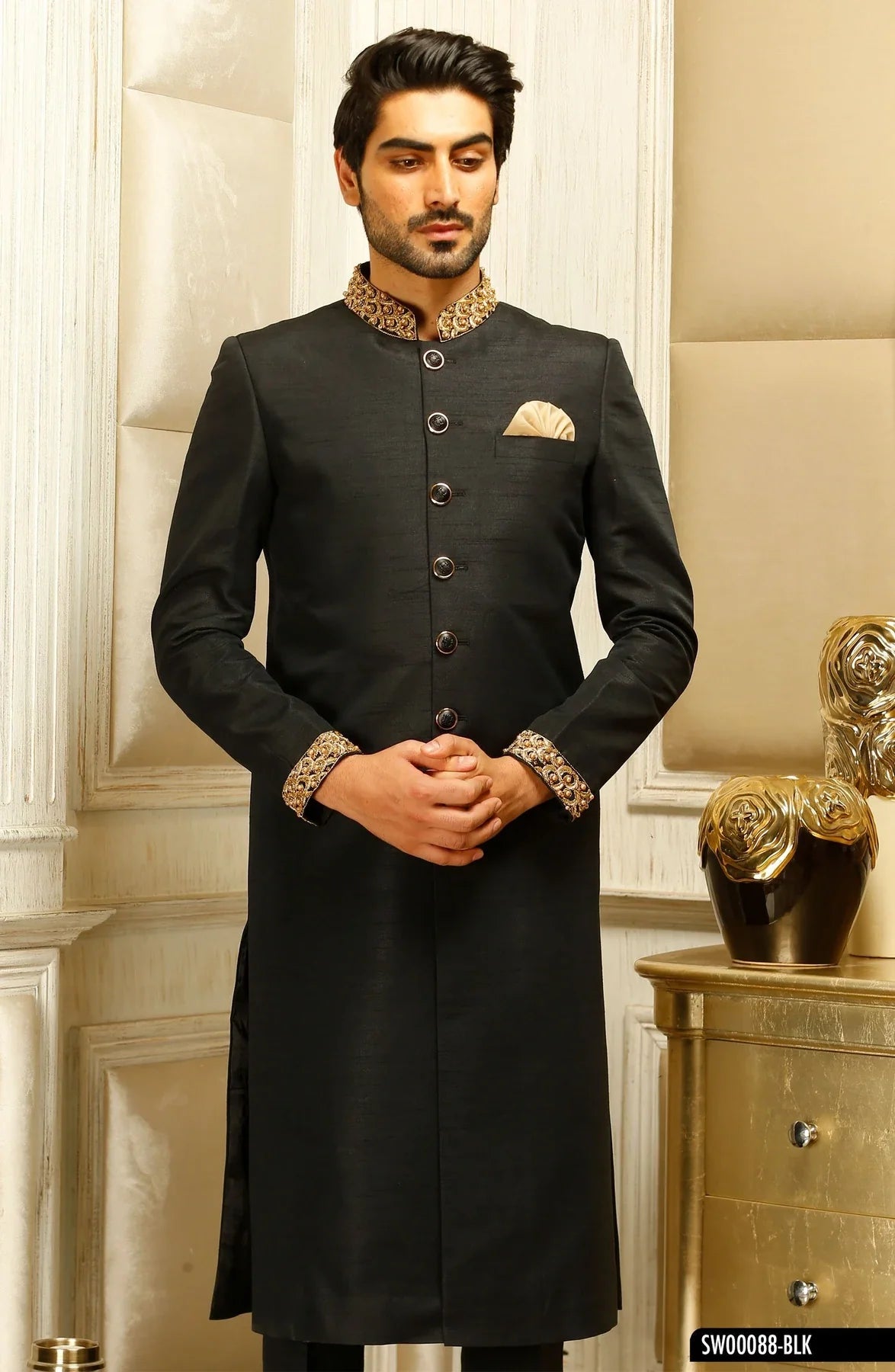 Royal Black Sherwani for Men with Intricate Collar & Sleeve Embroidery – Wedding Collection