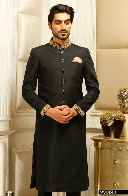 Royal Black Sherwani for Men with Intricate Collar & Sleeve Embroidery – Wedding Collection