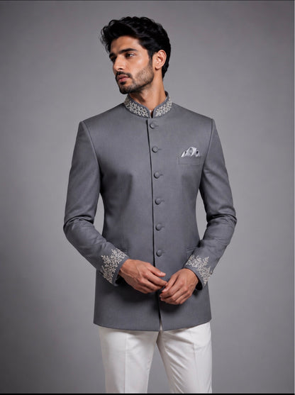 Grey Bandhgala with Silver Embroidery | Premium Wedding & Festive Ethnic Wear