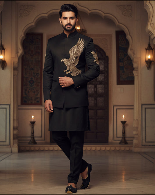 Luxury Black Bandhgala Bandhgala with Golden Eagle Embroidery – Regal Indian Ethnic Wear