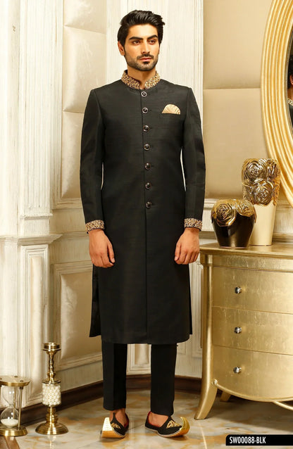 Royal Black Sherwani for Men with Intricate Collar & Sleeve Embroidery – Wedding Collection