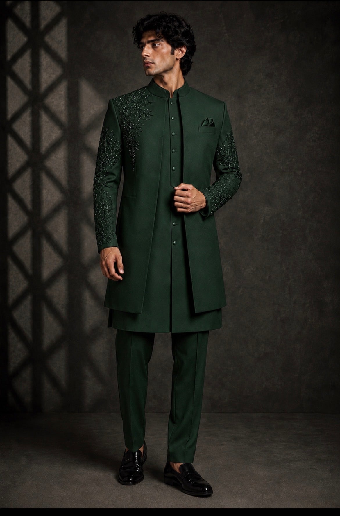 Emerald Green Embroidered Indo Western for Men