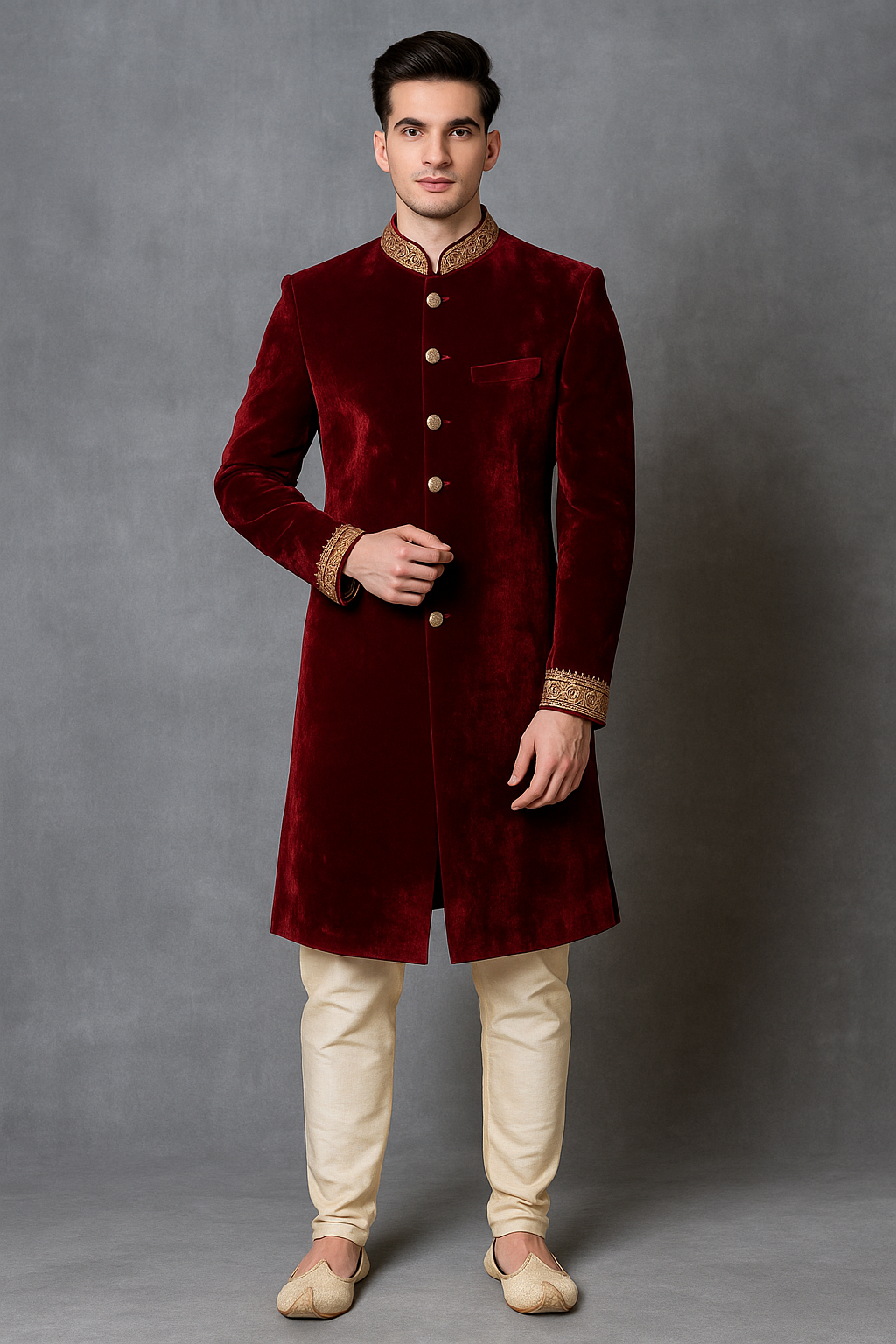 Regal Maroon Velvet Sherwani Set with Zari Embroidery & Gold Buttons