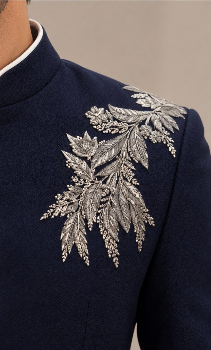 Navy Blue Embroidered Bandhgala Suit for Men | Ihtifal