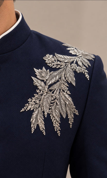 Navy Blue Embroidered Bandhgala Suit for Men | Ihtifal