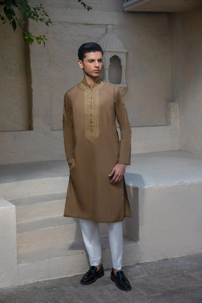 Premium Mens Embroidered Brown Kurta Pajama Set – Elegant Traditional Eid & Wedding Wear