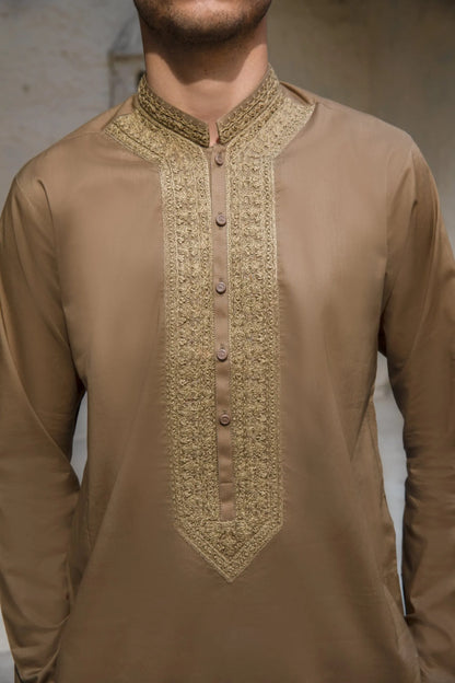 Premium Mens Embroidered Brown Kurta Pajama Set – Elegant Traditional Eid & Wedding Wear