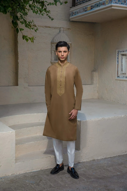 Premium Mens Embroidered Brown Kurta Pajama Set – Elegant Traditional Eid & Wedding Wear