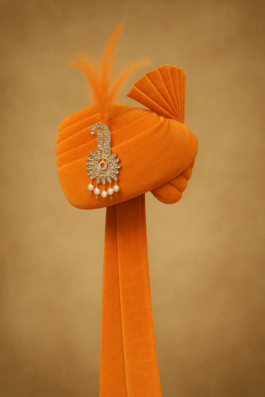 Regal Saffron Velvet Pagadi with Kundan Brooch & Feather – Groom’s Turban